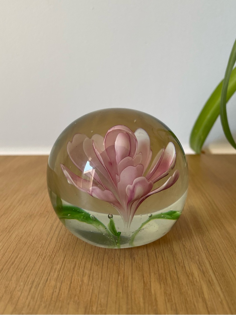 Vintage Art Glass Pink Floral Paperweight